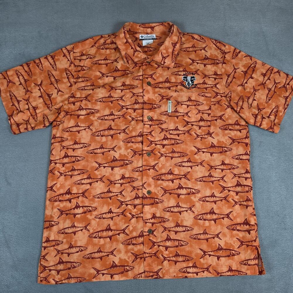 Columbia PFG Dallas Safari Club Fish Print Shirt Mens Large Orange Cotton